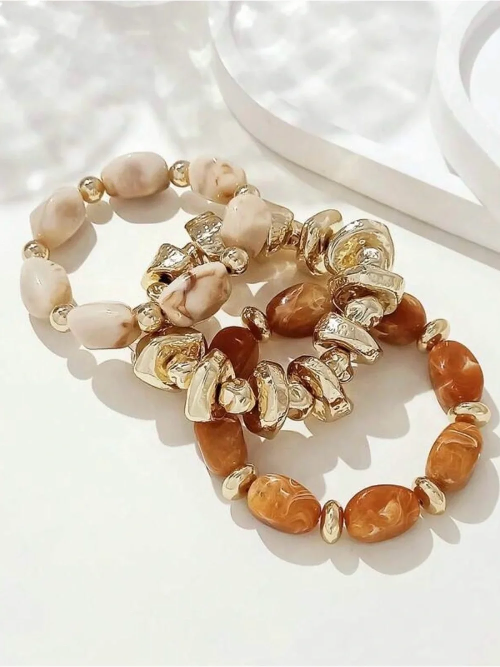 3pcs Gold and Cream Beaded Stretch Bracelet Set -good for mother day present